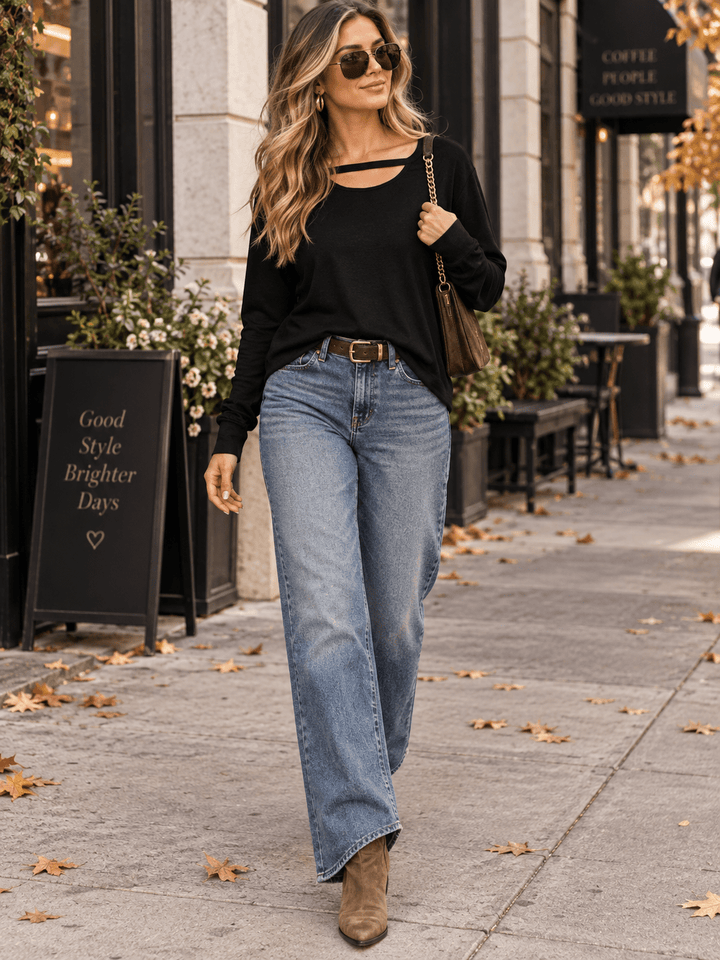 WOMEN'S LONG SLEEVE FRONT CUT OUT SOLID TOP
