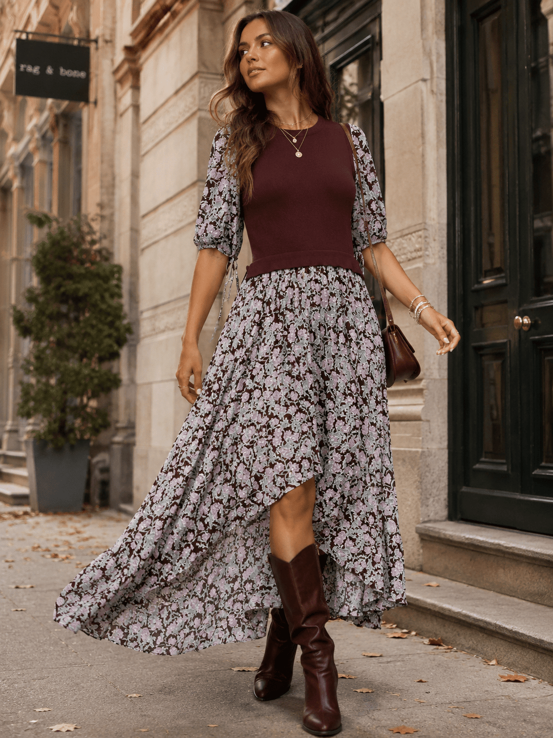 WOMEN'S 3/4 SLEEVES FRONT SLIT FLORAL PRINT CONTRAST MAXI DRESS