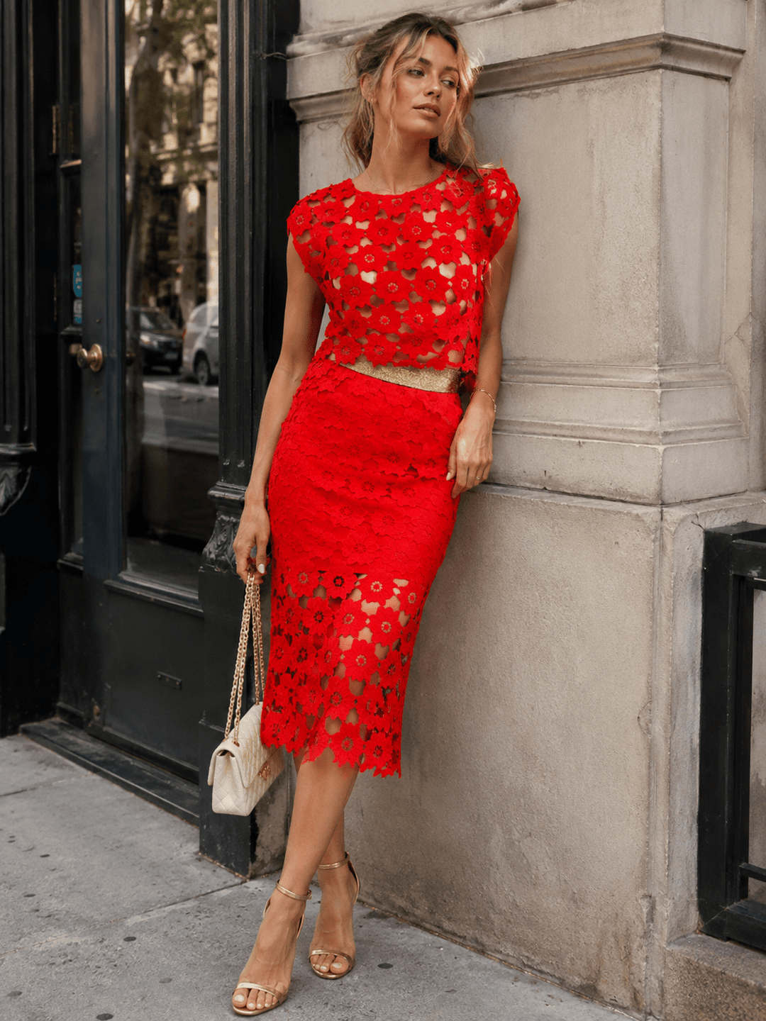 BEULAH WOMEN'S SLEEVELESS BLOUSE & ELASTIC WAIST MINI SKIRT & MIDI SKIRT CROCHET 3PC. SET