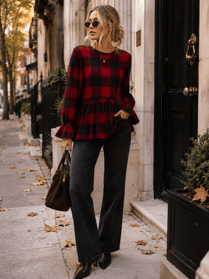 WOMEN'S LONG BELL SLEEVE PEPLUM PLAID TOP