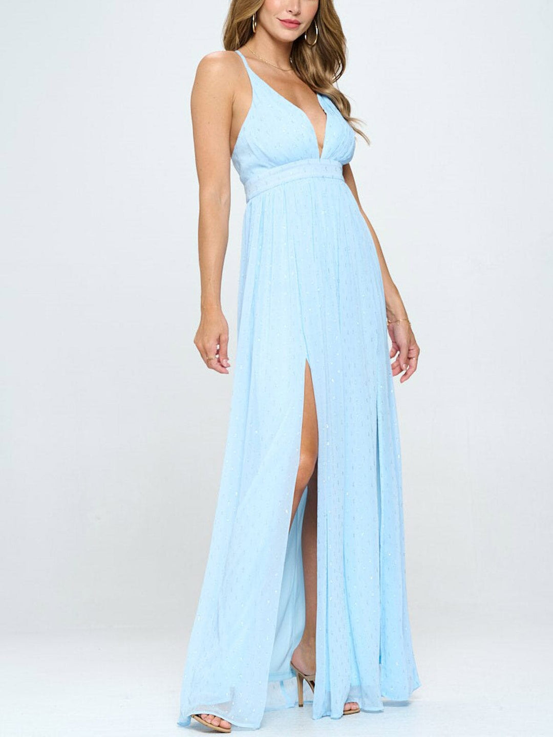 WOMEN'S SLEEVELESS V-NECK FRONT SLIT SHIMMER DETAILED MAXI DRESS