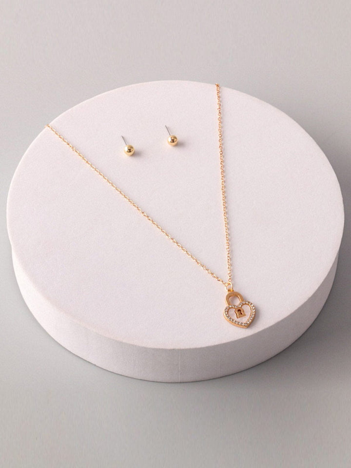 WOMEN'S GOLD HEART LOCK EARRINGS & NECKLACE SET
