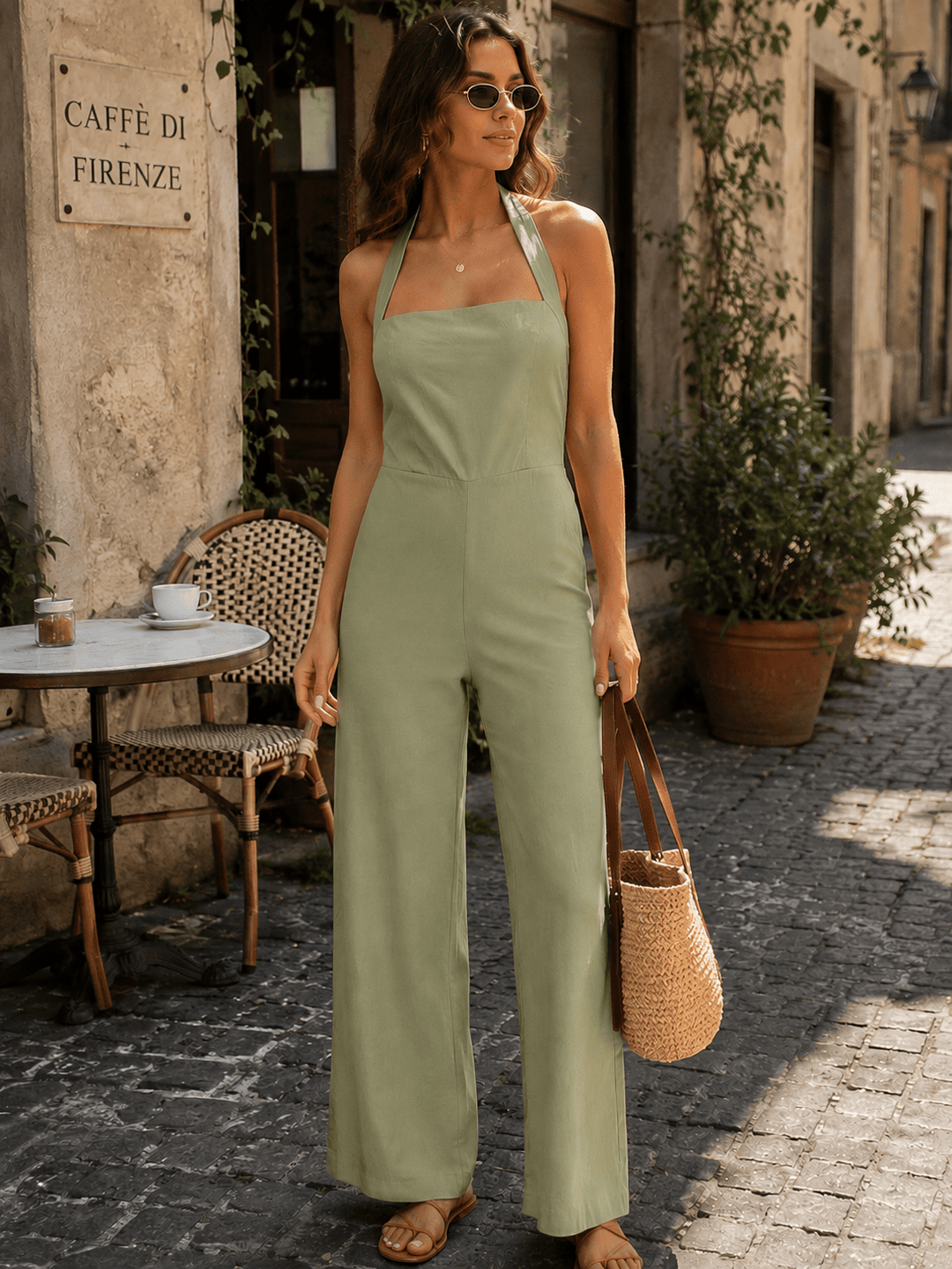 WOMEN'S SLEEVELESS SMOCK BACK HALTER SQUARE NECK STRAIGHT LEG JUMPSUIT