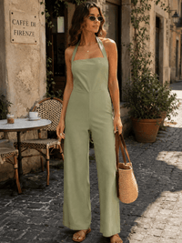 WOMEN'S SLEEVELESS SMOCK BACK HALTER SQUARE NECK STRAIGHT LEG JUMPSUIT