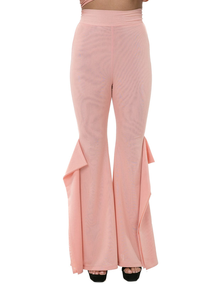 WOMEN'S ZIP UP WIDE LEG RUFFLE DETAILED PANTS