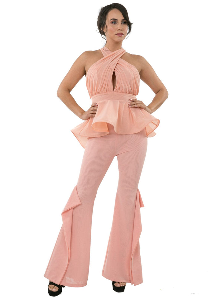 WOMEN'S ZIP UP WIDE LEG RUFFLE DETAILED PANTS