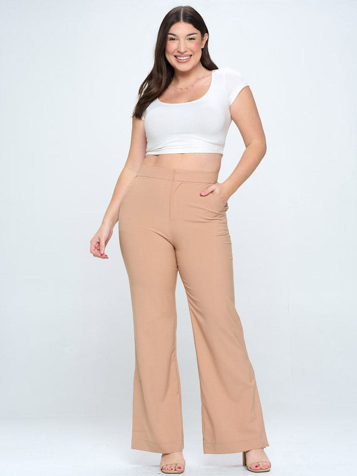PLUS SIZE BUTTON CLOSURE POCKETS WIDE LEG PANTS