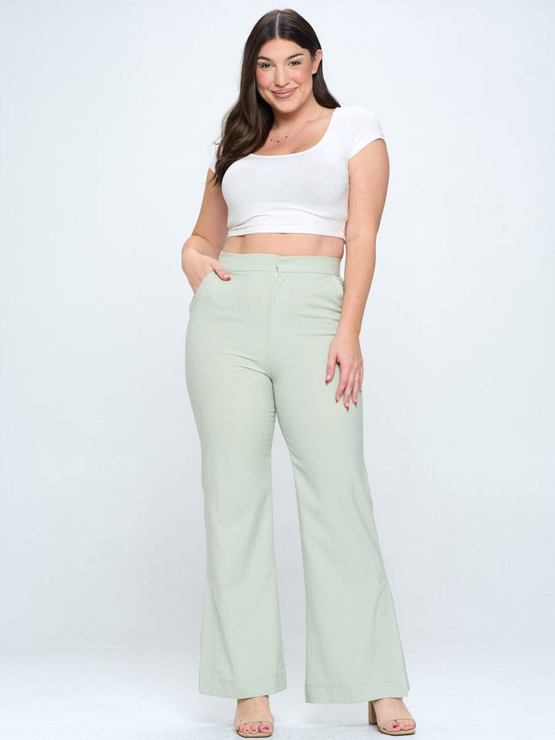 PLUS SIZE BUTTON CLOSURE POCKETS WIDE LEG PANTS