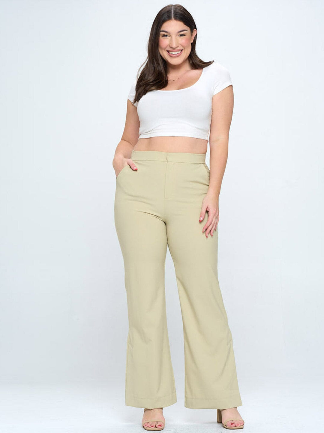 PLUS SIZE BUTTON CLOSURE POCKETS WIDE LEG PANTS