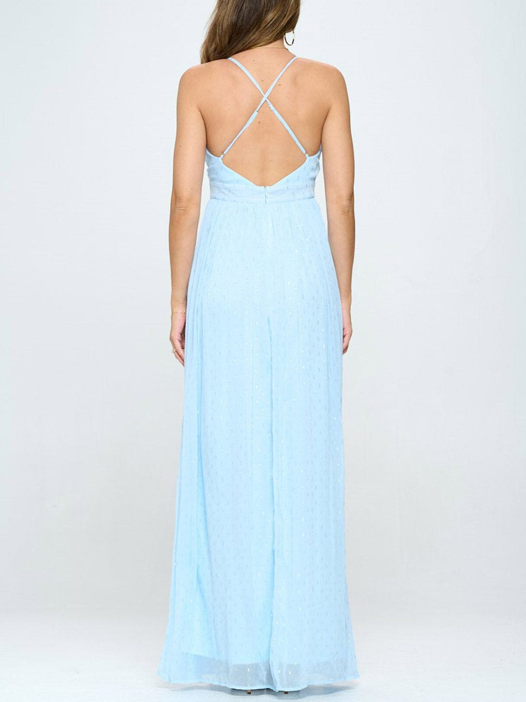 WOMEN'S SLEEVELESS V-NECK FRONT SLIT SHIMMER DETAILED MAXI DRESS