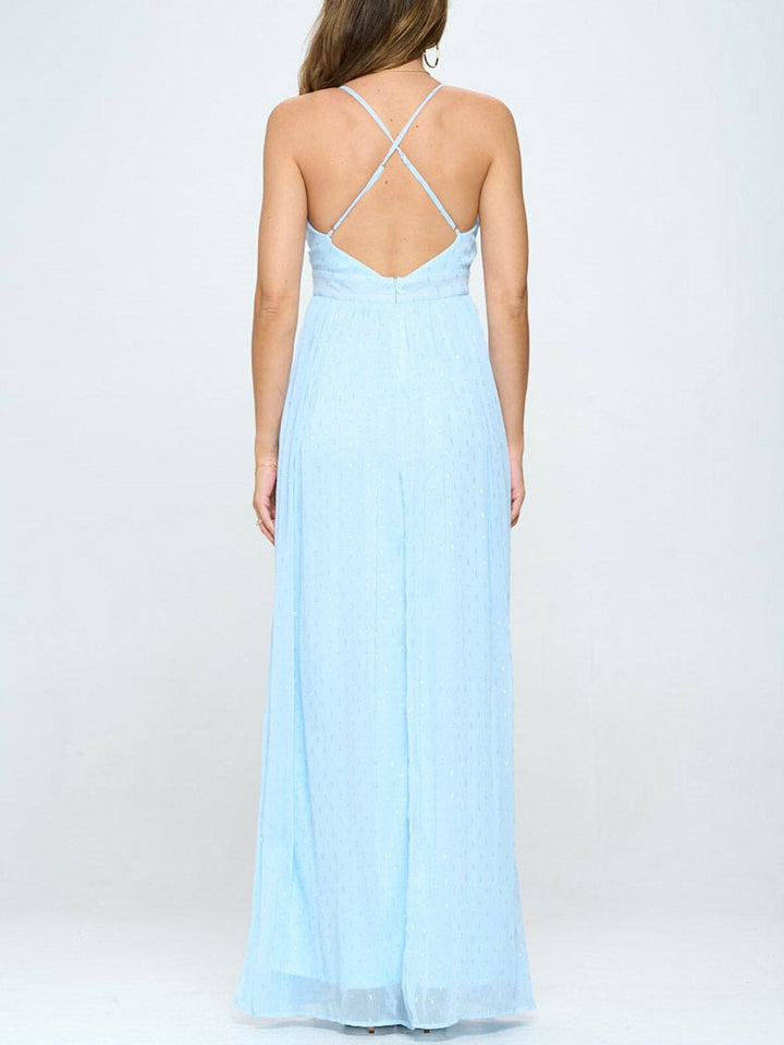 WOMEN'S SLEEVELESS V-NECK FRONT SLIT SHIMMER DETAILED MAXI DRESS