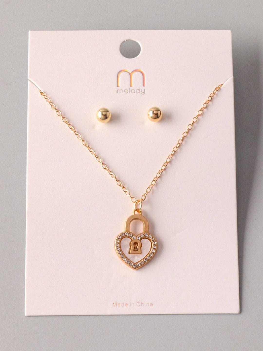 WOMEN'S GOLD HEART LOCK EARRINGS & NECKLACE SET