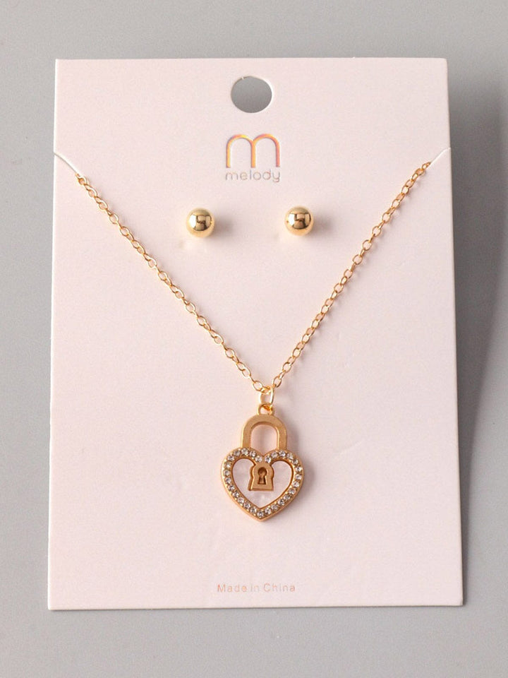 WOMEN'S GOLD HEART LOCK EARRINGS & NECKLACE SET