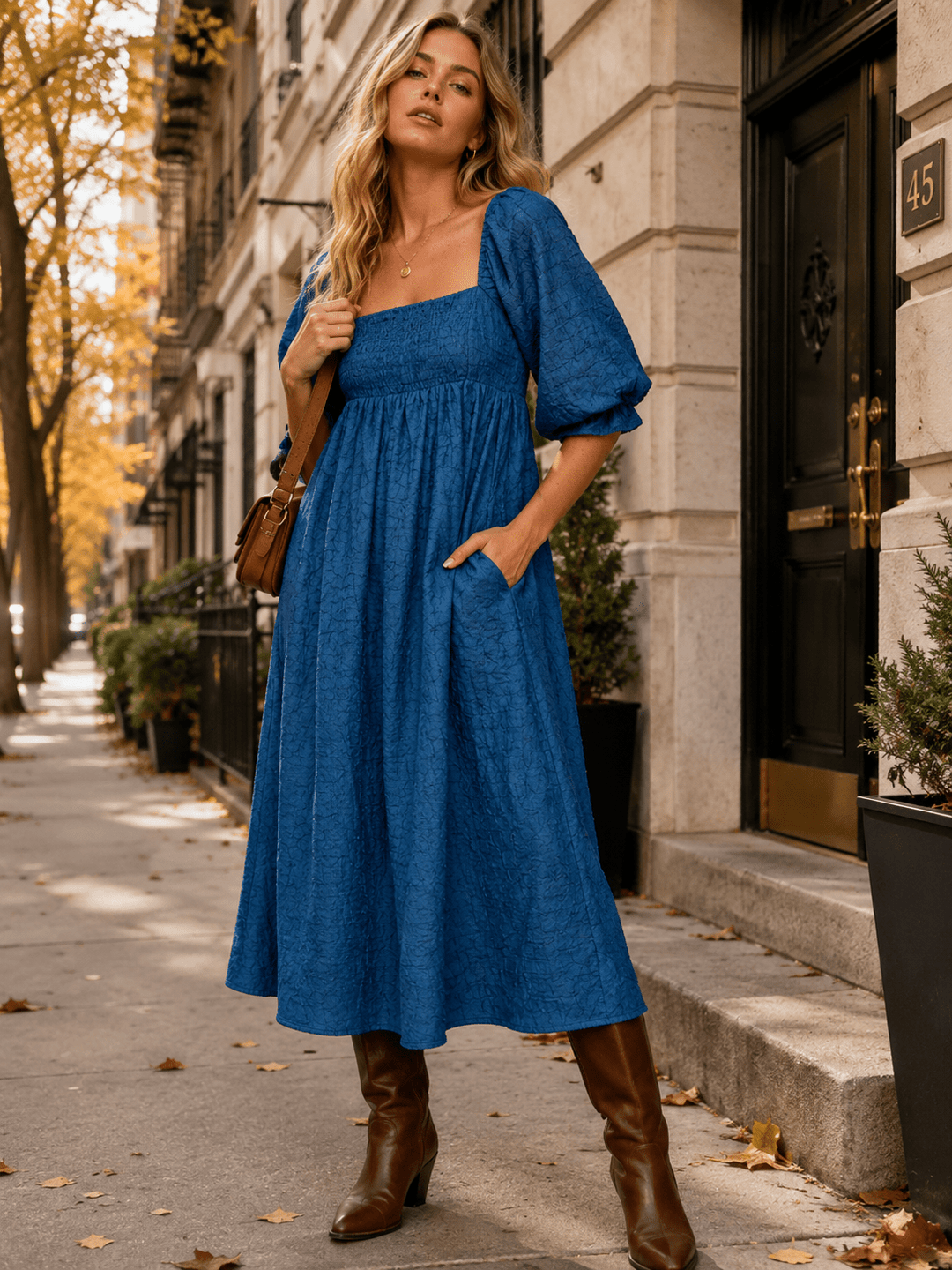 WOMEN'S SHORT PUFF SLEEVE SQUARE NECK FRONT POCKETS MAXI DRESS