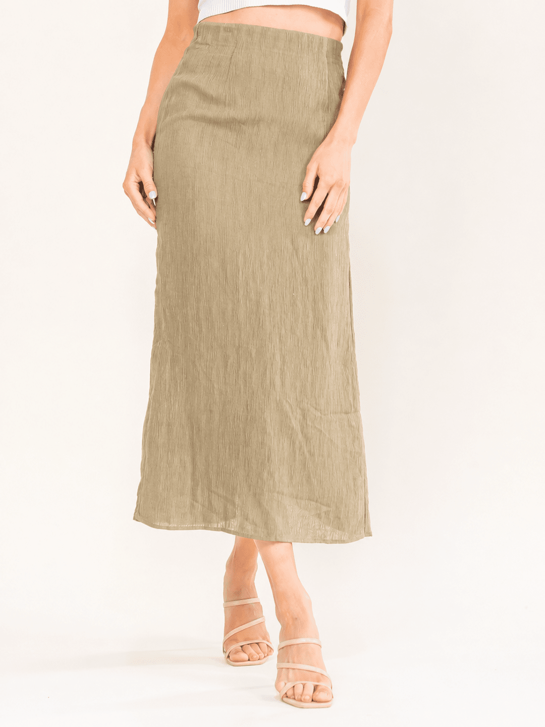WOMEN'S ZIPPER CLOSURE BACK SLIT PLEATED MIDI SKIRT