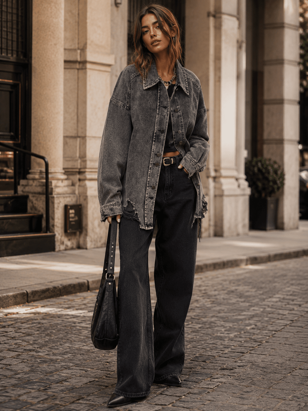 WOMEN'S LONG SLEEVE BUTTON UP DISTRESS TRIM OVERSIZED DENIM WASHED JACKET