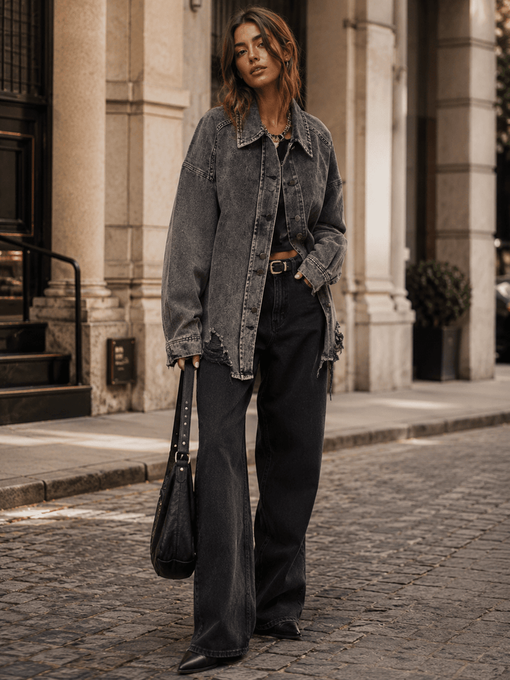 WOMEN'S LONG SLEEVE BUTTON UP DISTRESS TRIM OVERSIZED DENIM WASHED JACKET