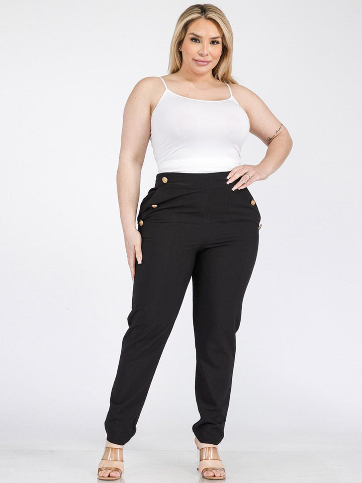 PLUS SIZE ELASTIC WAIST POCKETS BUTTONS DETAILED SKINNY PANTS
