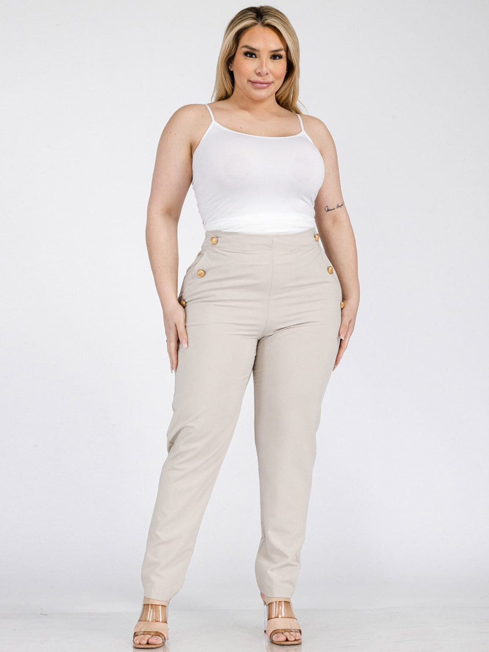PLUS SIZE ELASTIC WAIST POCKETS BUTTONS DETAILED SKINNY PANTS
