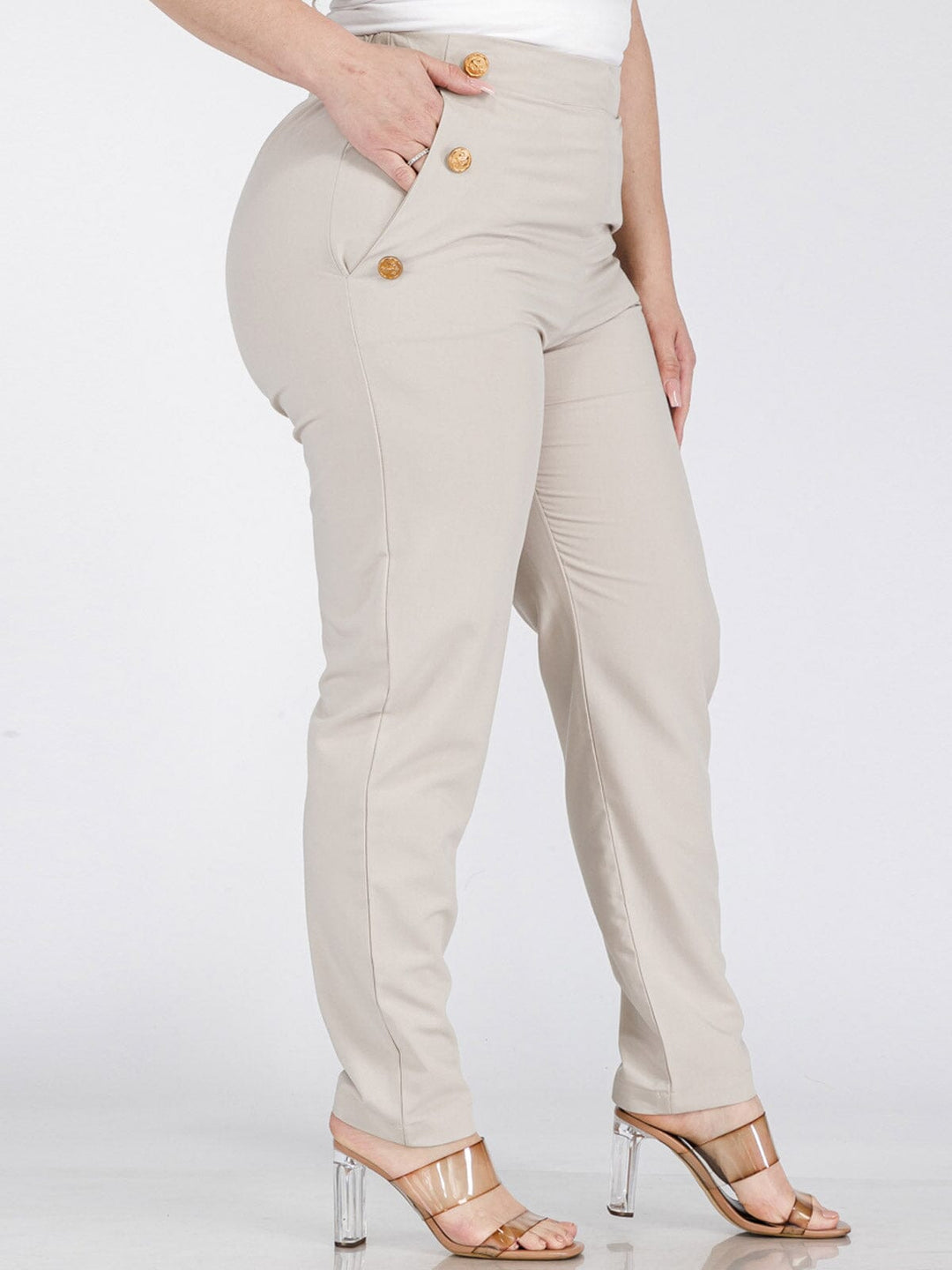 PLUS SIZE ELASTIC WAIST POCKETS BUTTONS DETAILED SKINNY PANTS