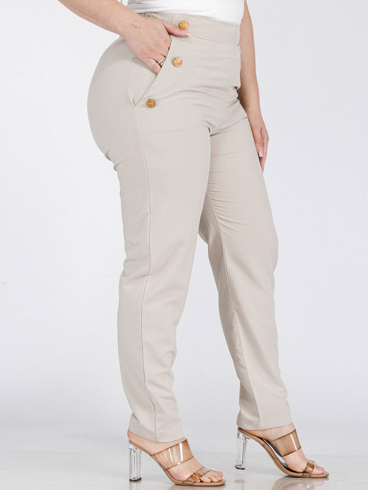 PLUS SIZE ELASTIC WAIST POCKETS BUTTONS DETAILED SKINNY PANTS