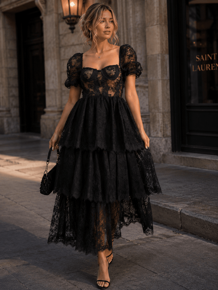 BEULAH WOMEN'S SHORT PUFF SLEEVE RUFFLE TIERED LACE MAXI DRESS