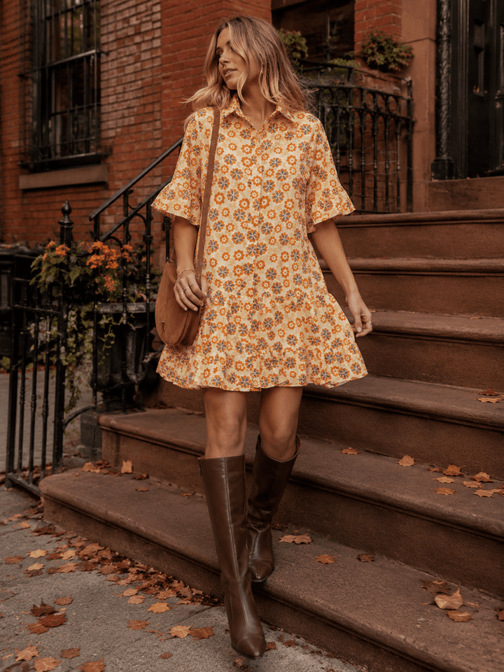 WOMEN'S SHORT RUFFLE SLEEVES BUTTON UP FRONT POCKETS FLORAL MINI DRESS