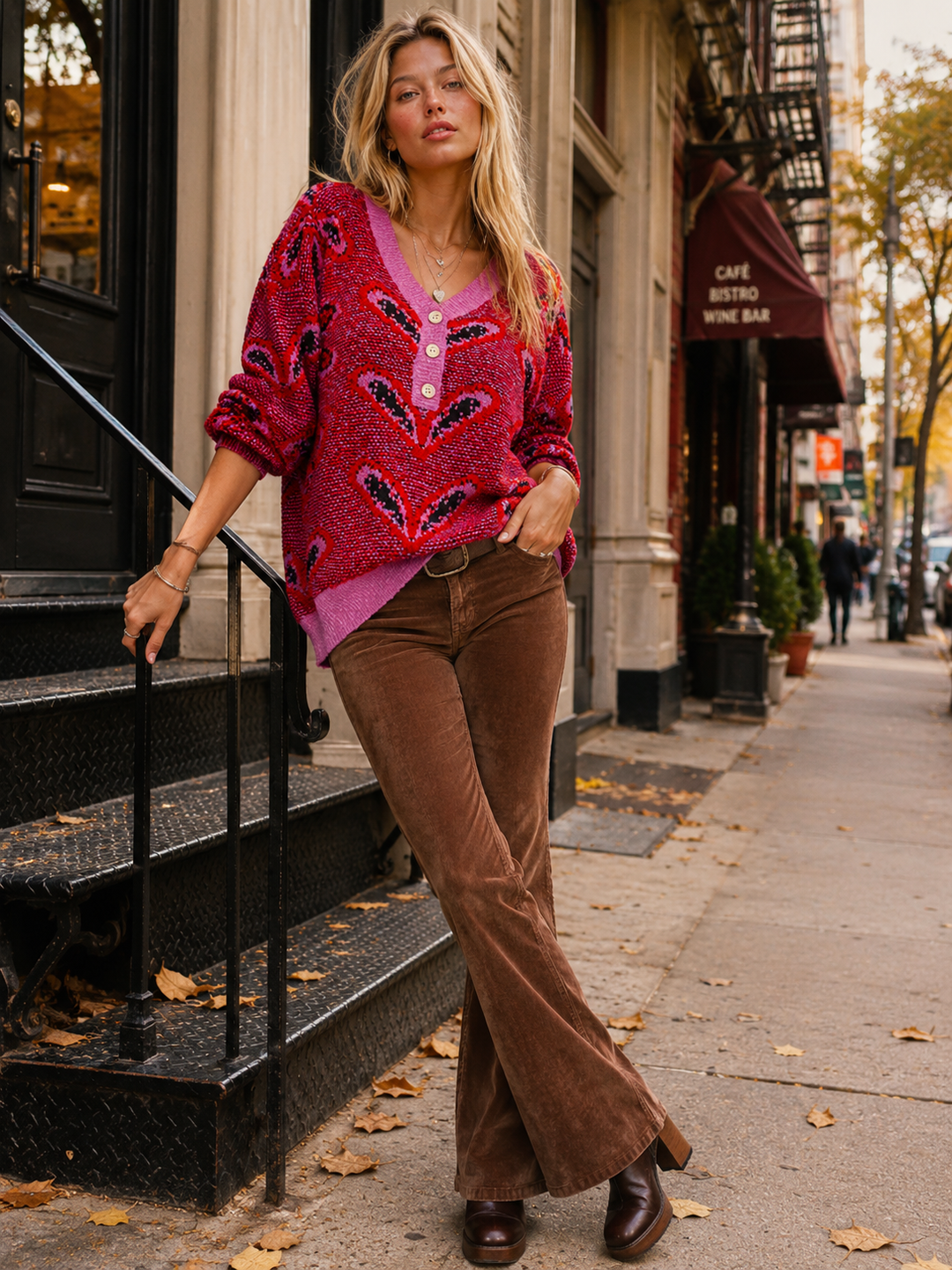 WOMEN'S LONG SLEEVE V-NECK BUTTON UP PULLOVER PRINT KNIT SWEATER