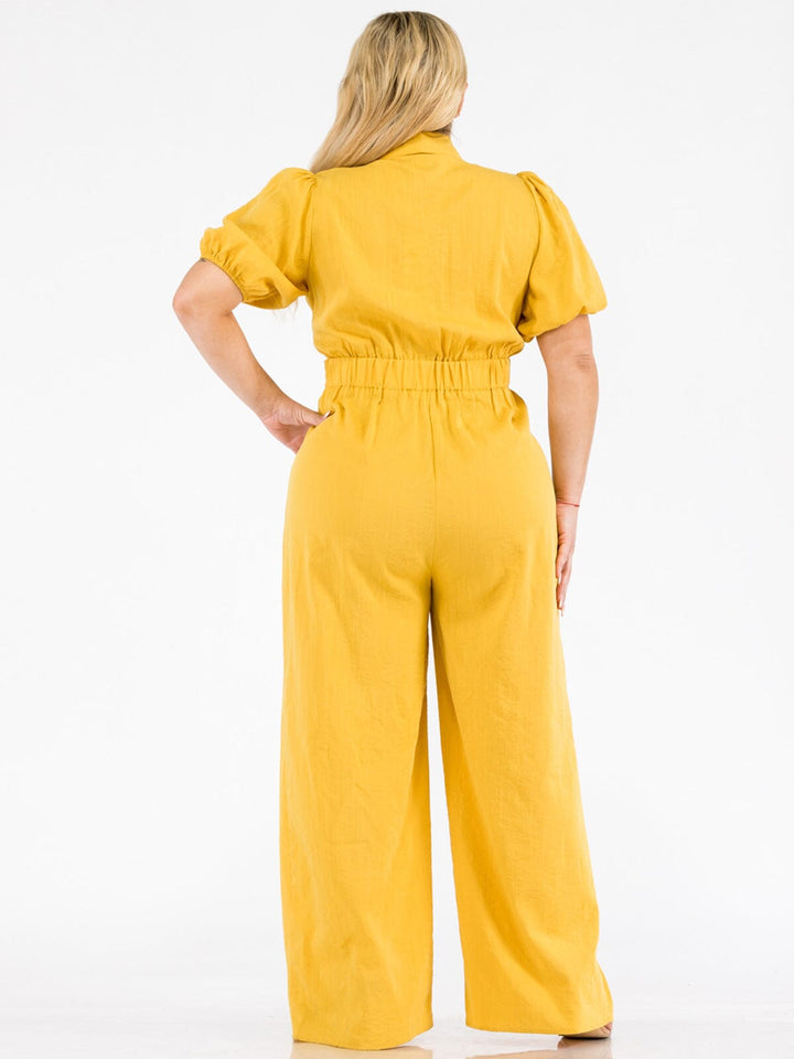PLUS SIZE SHORT SLEEVE SURPLICE SELF TIE WIDE LEG JUMPSUIT