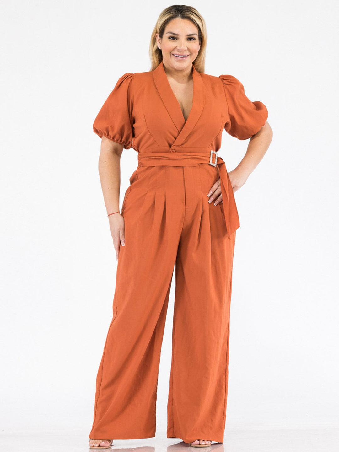 PLUS SIZE SHORT SLEEVE SURPLICE SELF TIE WIDE LEG JUMPSUIT