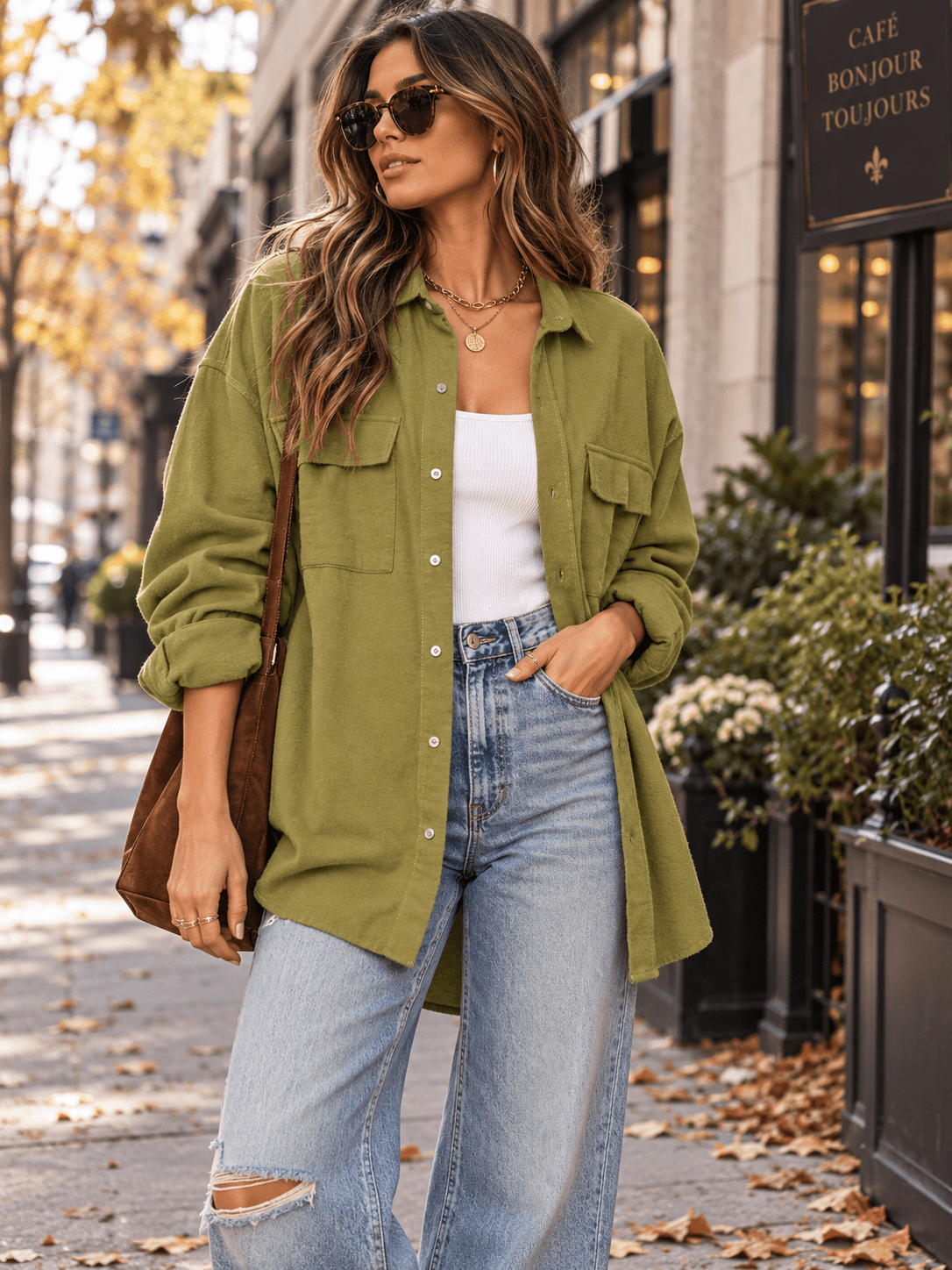 WOMEN'S LONG SLEEVE BUTTON UP FRONT POCKETS OVERSIZED TOP
