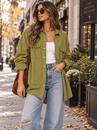WOMEN'S LONG SLEEVE BUTTON UP FRONT POCKETS OVERSIZED TOP