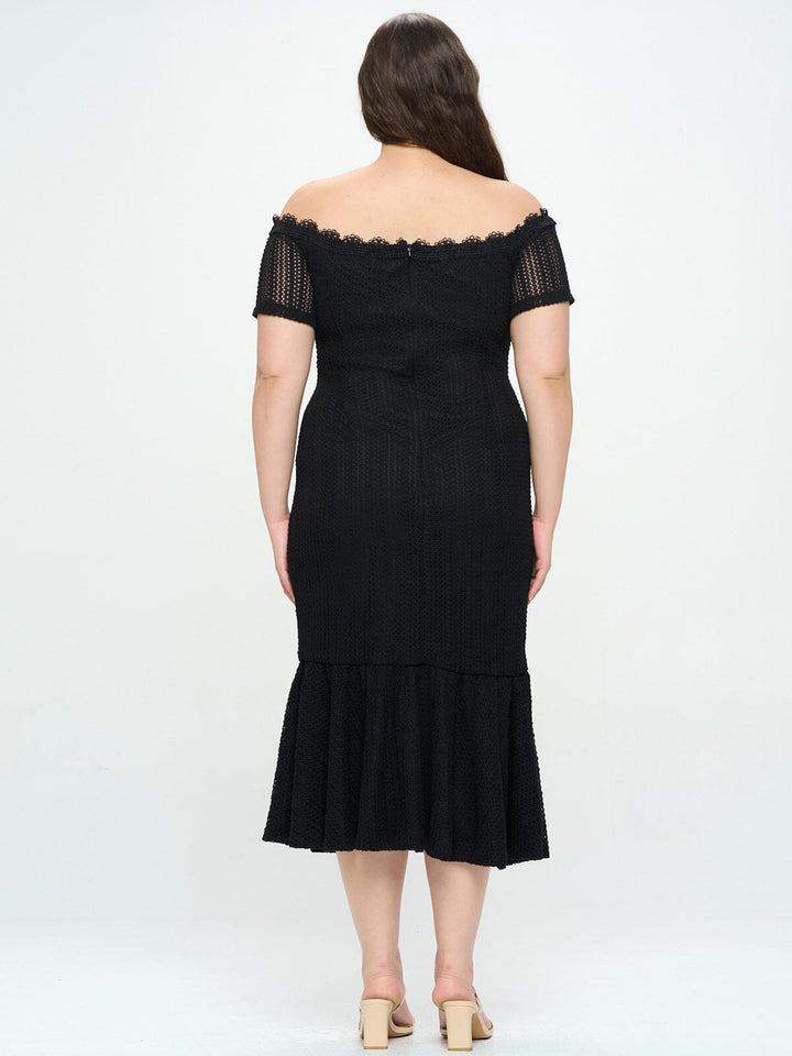 PLUS SIZE OFF SHOULDER BUTTONS FRONT SLIT KNITTED MIDI DRESS