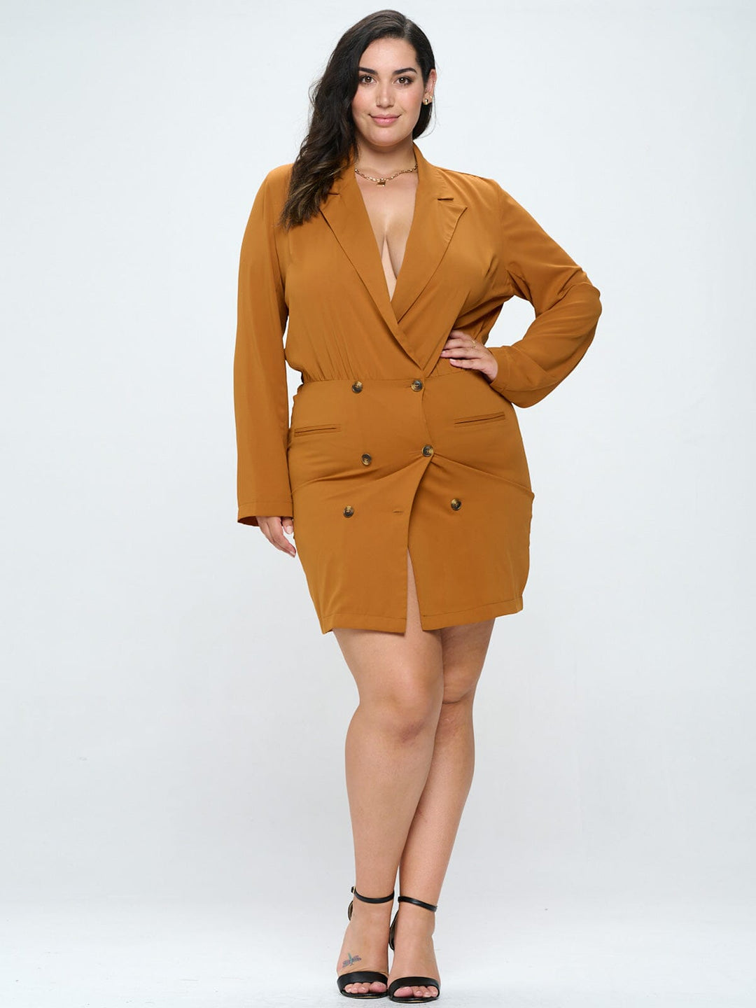 PLUS SIZE LONG SLEEVE BUTTON CLOSURE WRAP MINI DRESS