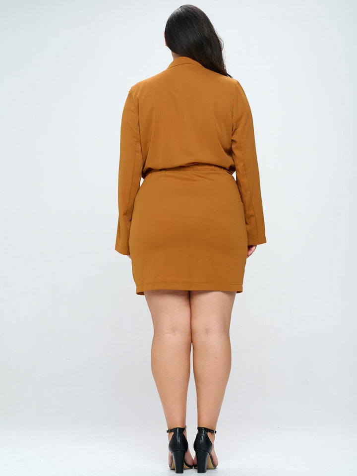PLUS SIZE LONG SLEEVE BUTTON CLOSURE WRAP MINI DRESS