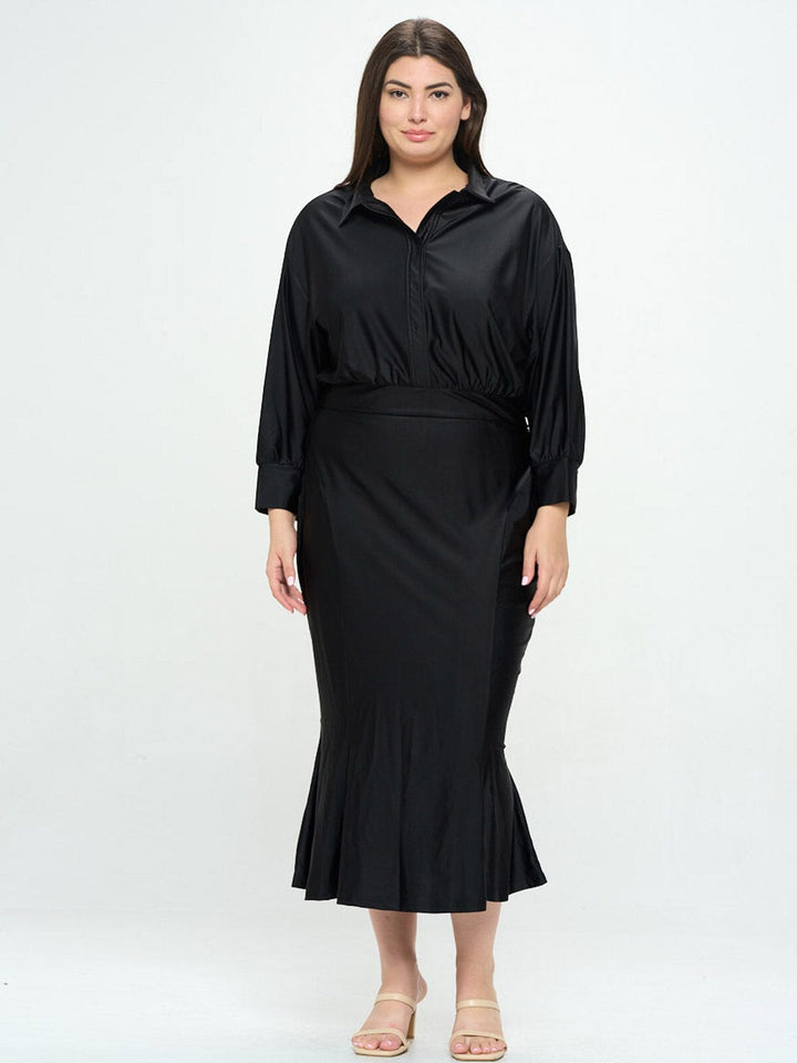 PLUS SIZE LONG SLEEVE BUTTON UP MAXI DRESS
