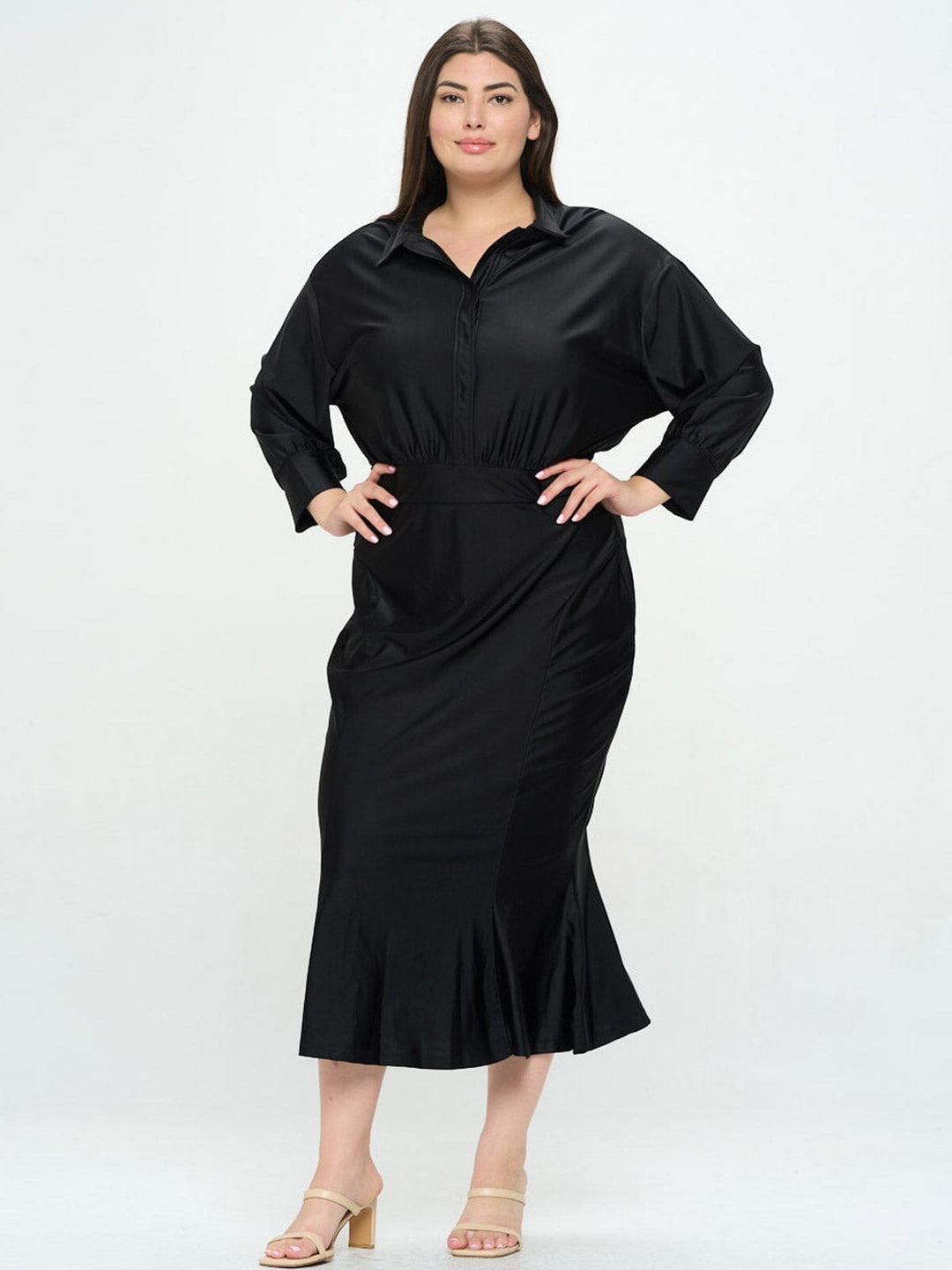 PLUS SIZE LONG SLEEVE BUTTON UP MAXI DRESS