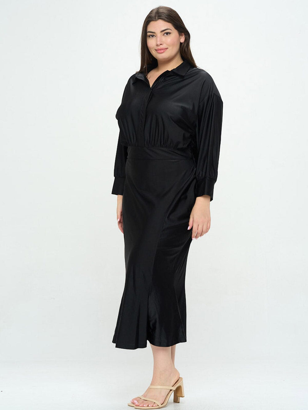 PLUS SIZE LONG SLEEVE BUTTON UP MAXI DRESS