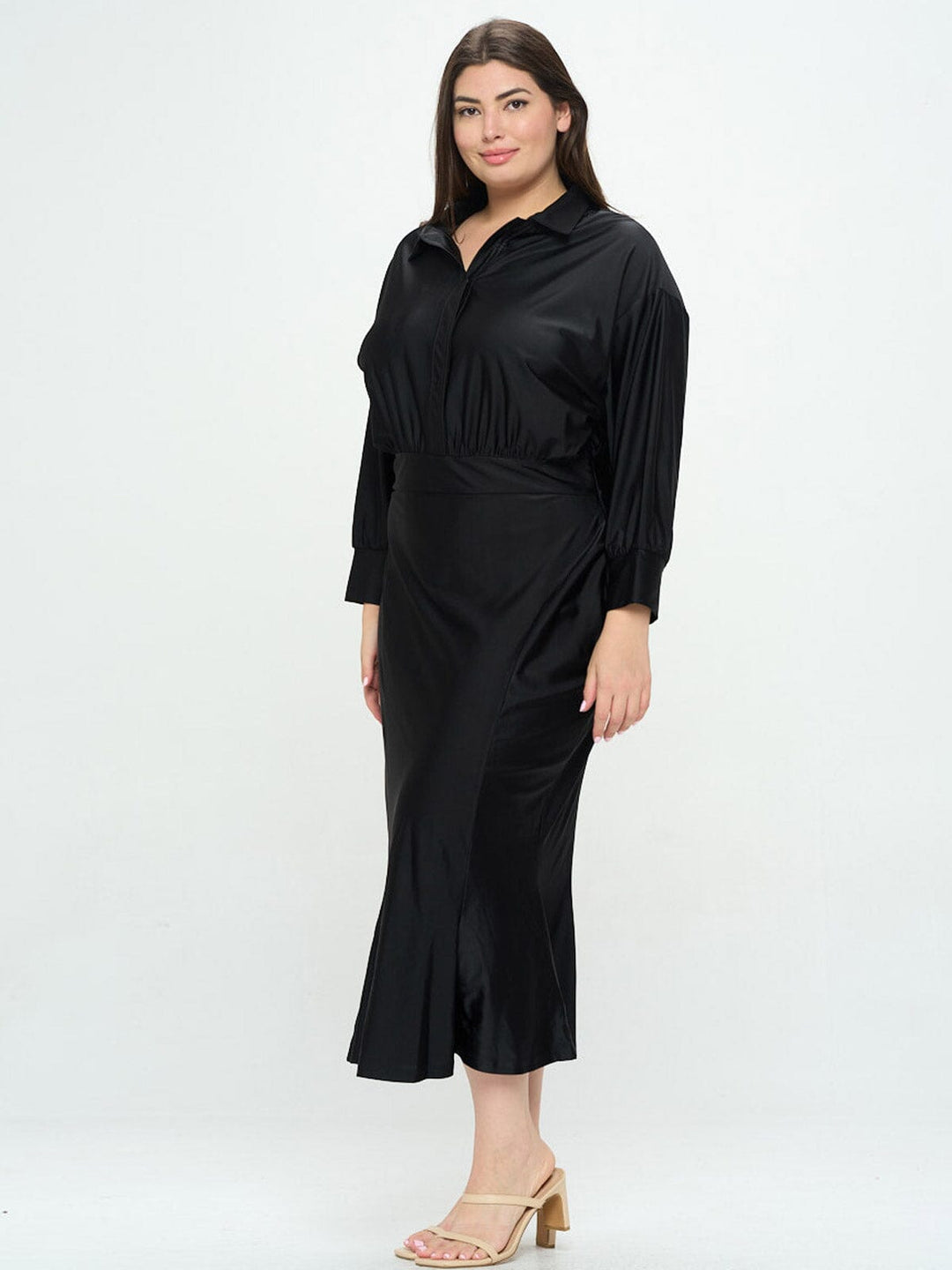 PLUS SIZE LONG SLEEVE BUTTON UP MAXI DRESS