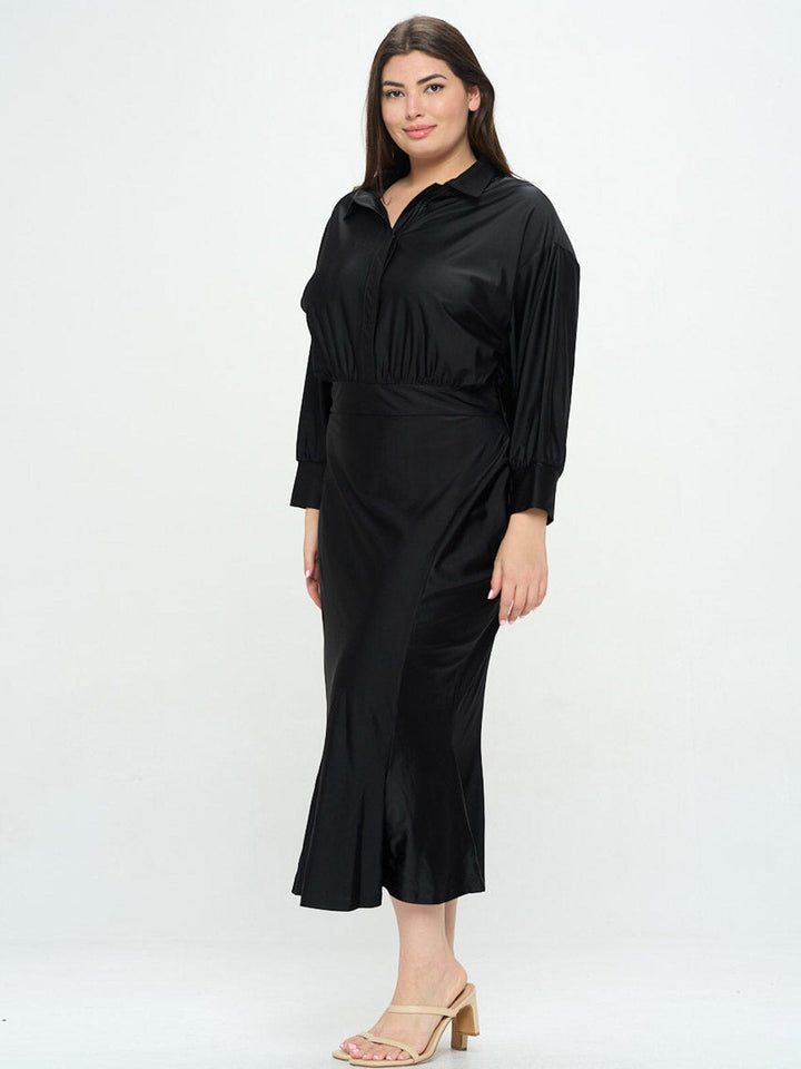 PLUS SIZE LONG SLEEVE BUTTON UP MAXI DRESS