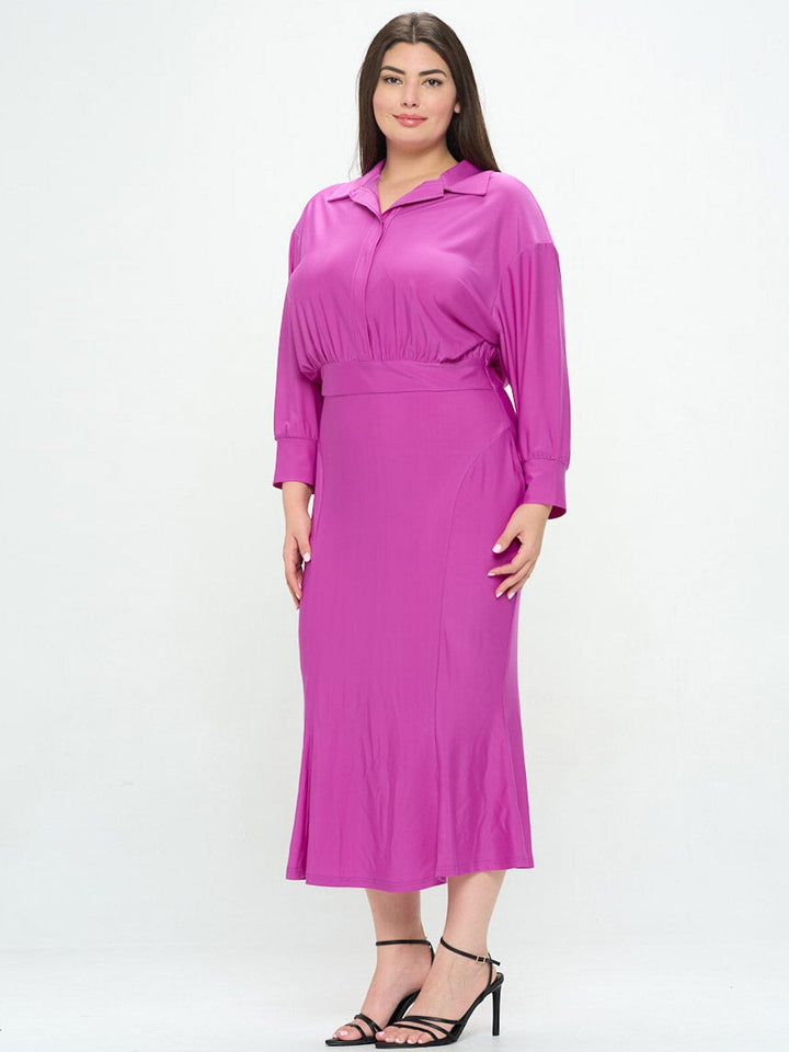 PLUS SIZE LONG SLEEVE BUTTON UP MAXI DRESS