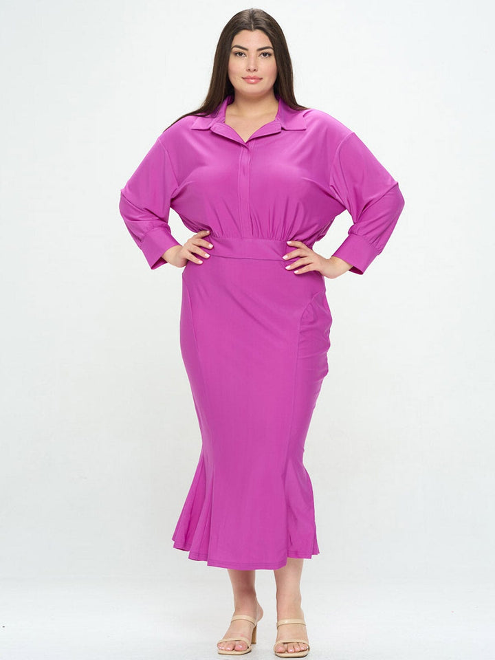 PLUS SIZE LONG SLEEVE BUTTON UP MAXI DRESS