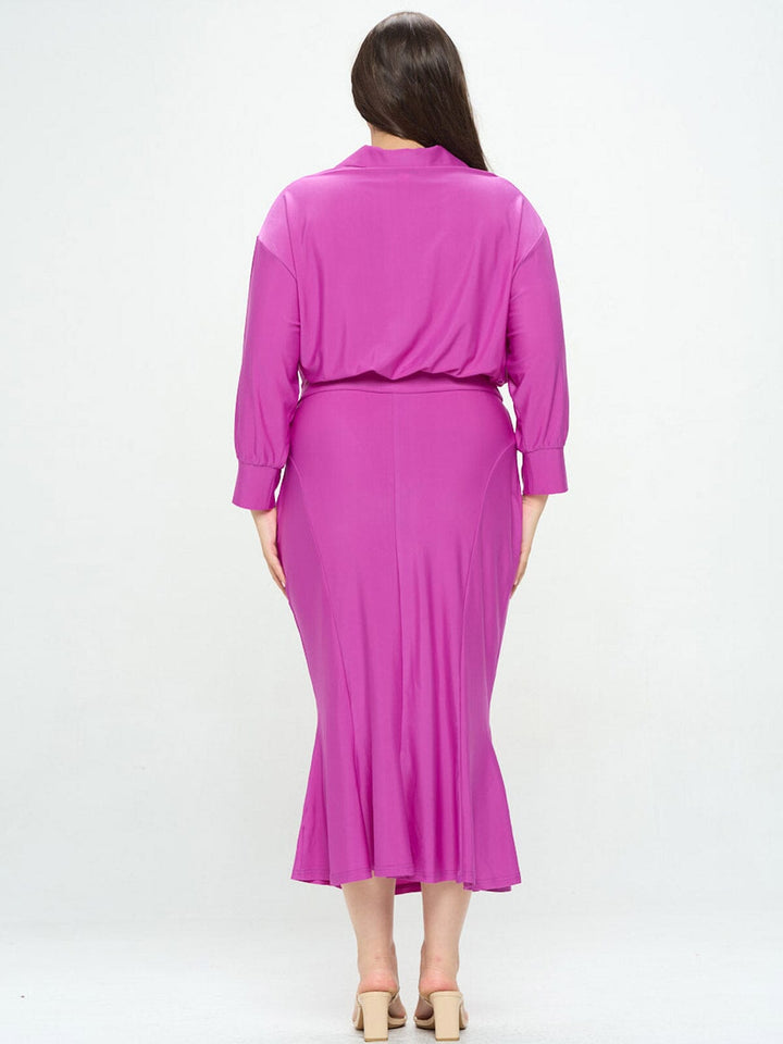 PLUS SIZE LONG SLEEVE BUTTON UP MAXI DRESS