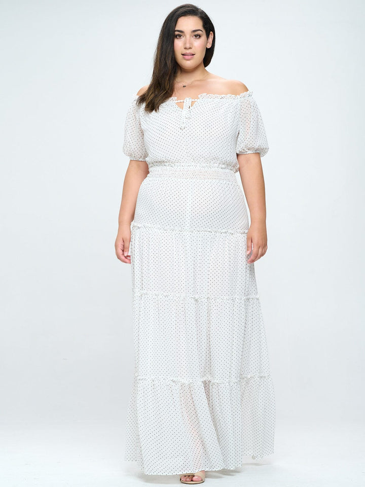 PLUS SIZE OFF SHOULDER SMOCK WAIST POLKA DOTS MAXI DRESS