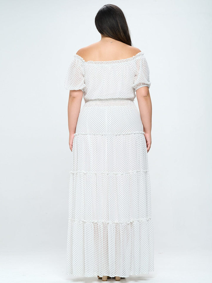 PLUS SIZE OFF SHOULDER SMOCK WAIST POLKA DOTS MAXI DRESS
