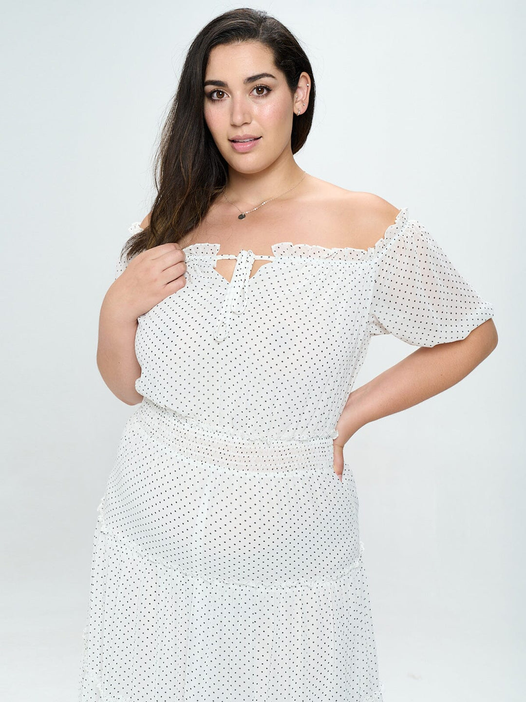PLUS SIZE OFF SHOULDER SMOCK WAIST POLKA DOTS MAXI DRESS