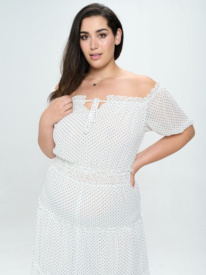 PLUS SIZE OFF SHOULDER SMOCK WAIST POLKA DOTS MAXI DRESS