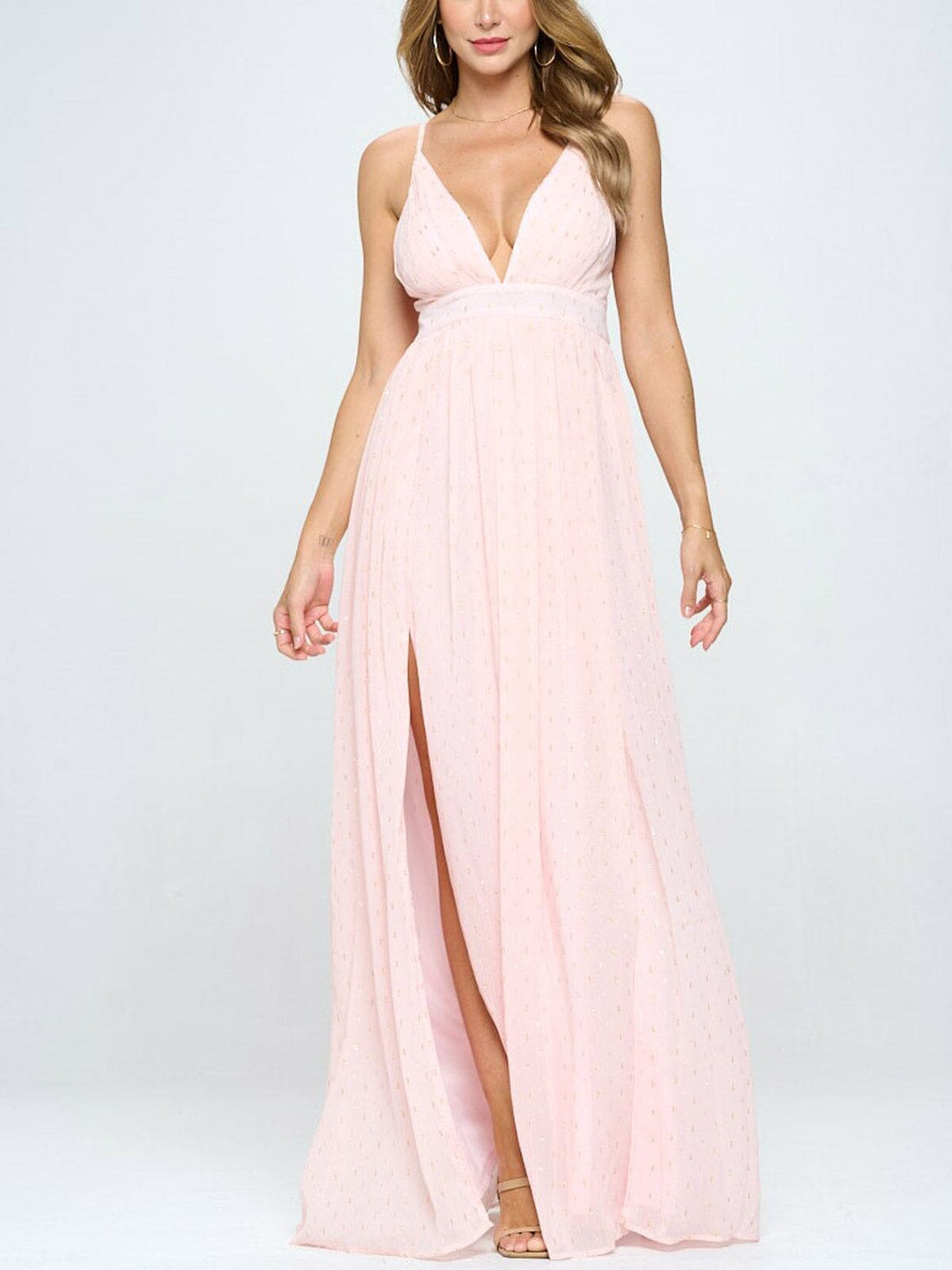 WOMEN'S SLEEVELESS V-NECK FRONT SLIT SHIMMER DETAILED MAXI DRESS
