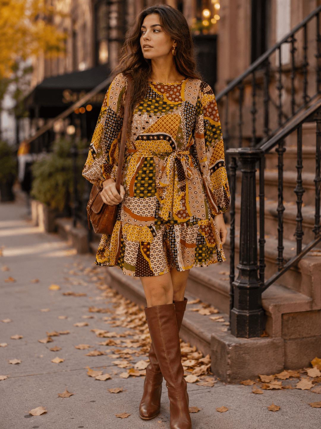 WOMEN'S LONG SLEEVE ELASTIC WAIST SELF TIE MULTI PRINT MINI DRESS