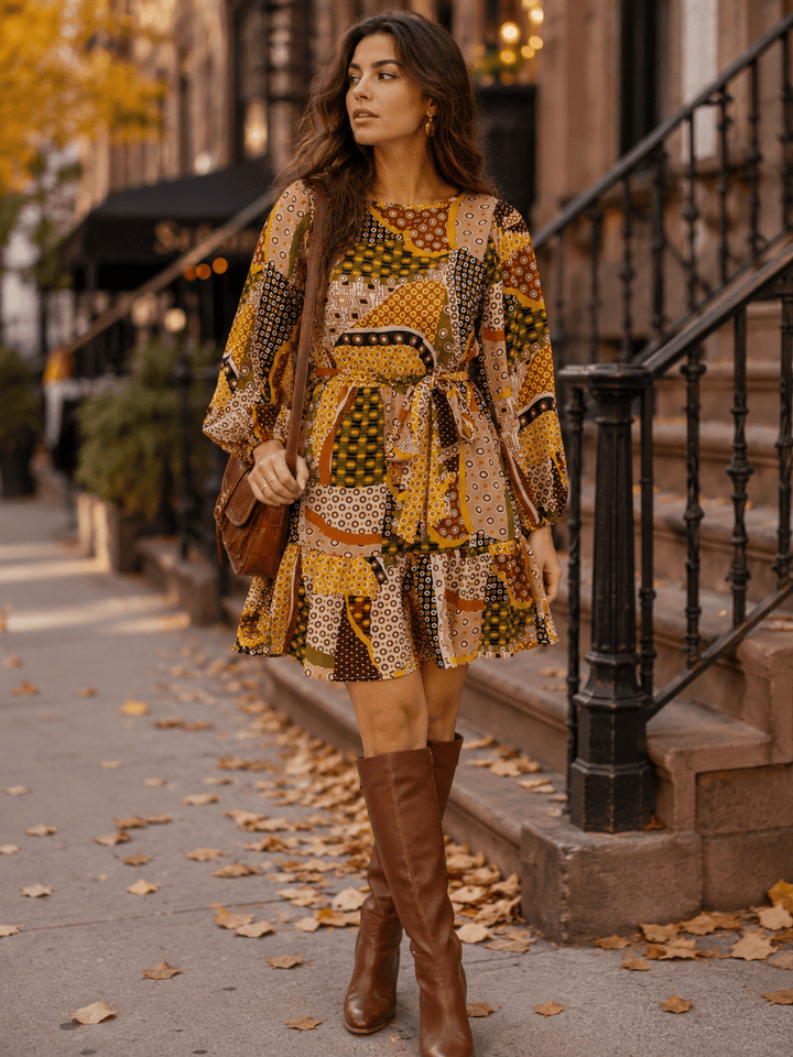 WOMEN'S LONG SLEEVE ELASTIC WAIST SELF TIE MULTI PRINT MINI DRESS